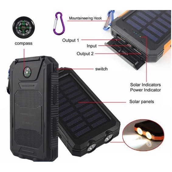 Grande capacidade Solar Power Bank, Powerbank de carregamento ao ar livre para todos os dispositivos , Portátil com cordão bússola, Bateria externa, Novo, 20000mAh